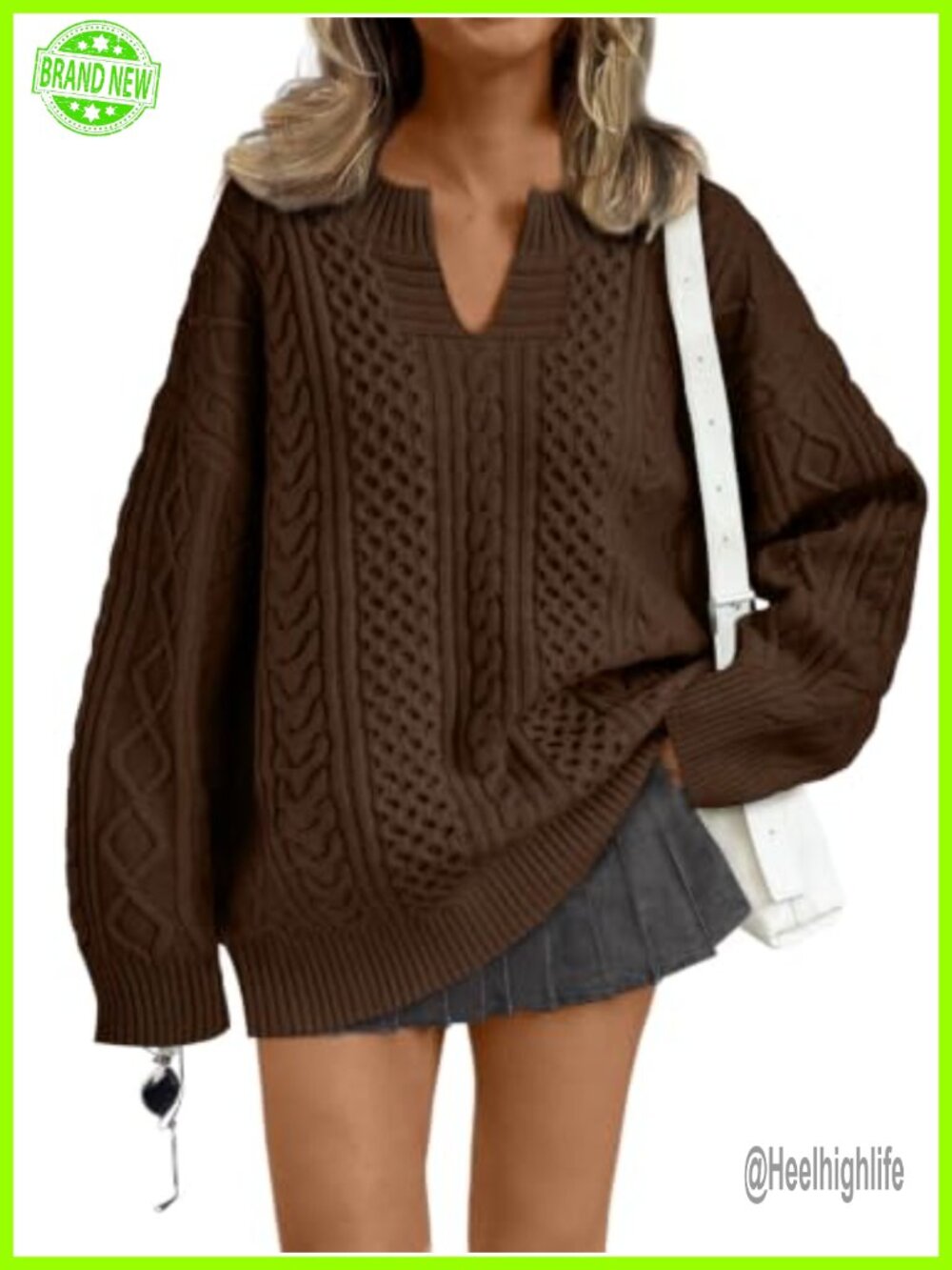 Oversized Cable Knit V-Neck Pullover Sweater with Dropped Shoulders